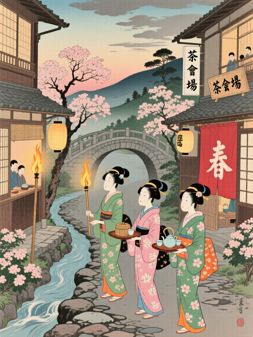 A spring tea gathering moving slowly through a torch-lit street.