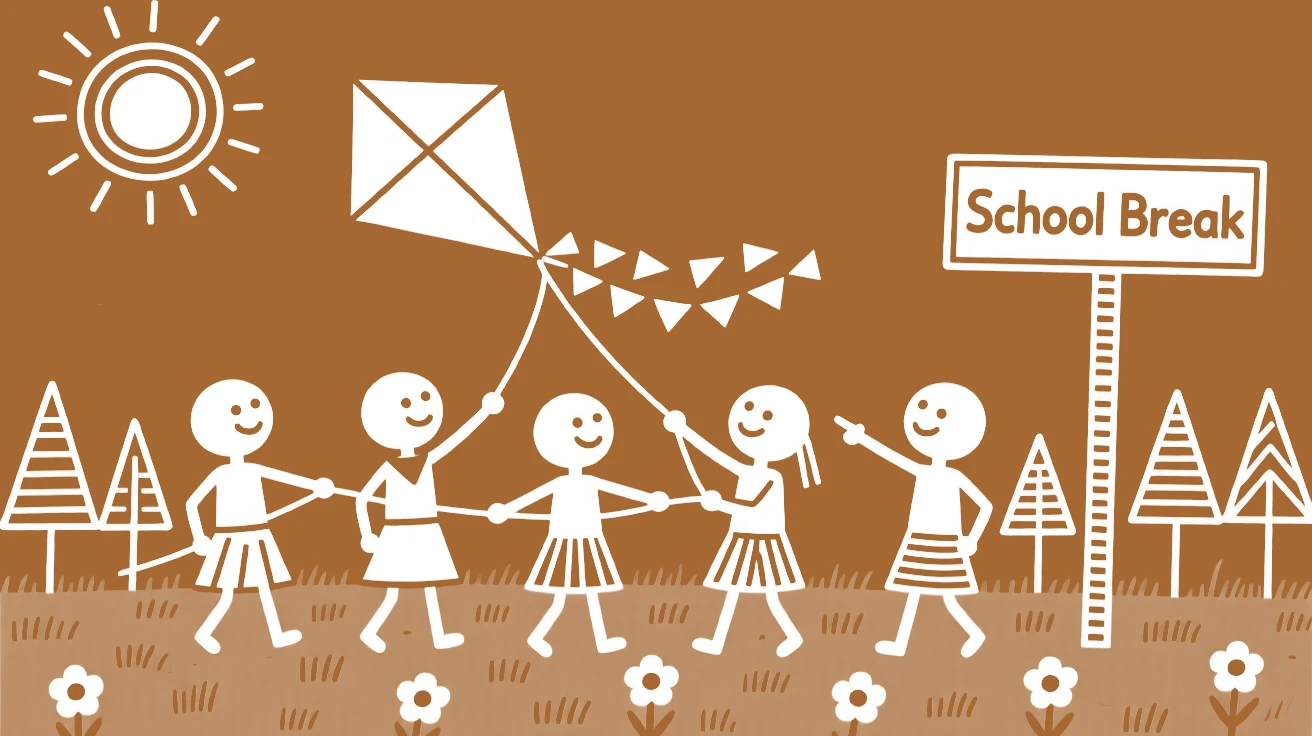 A group of children on a school break flying a homemade kite in an open field.