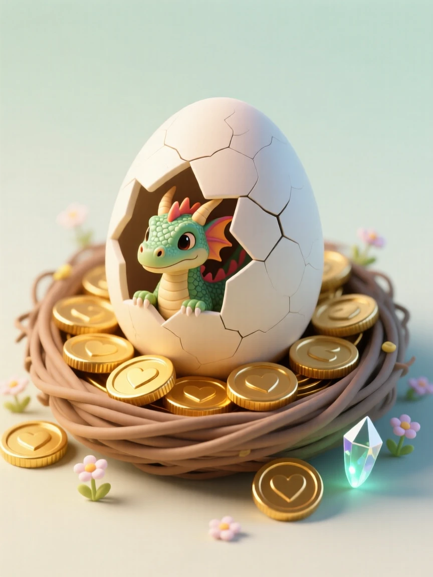 A dragon egg hatching in a nest of gold coins, a tiny curious snout poking through the cracking shell.