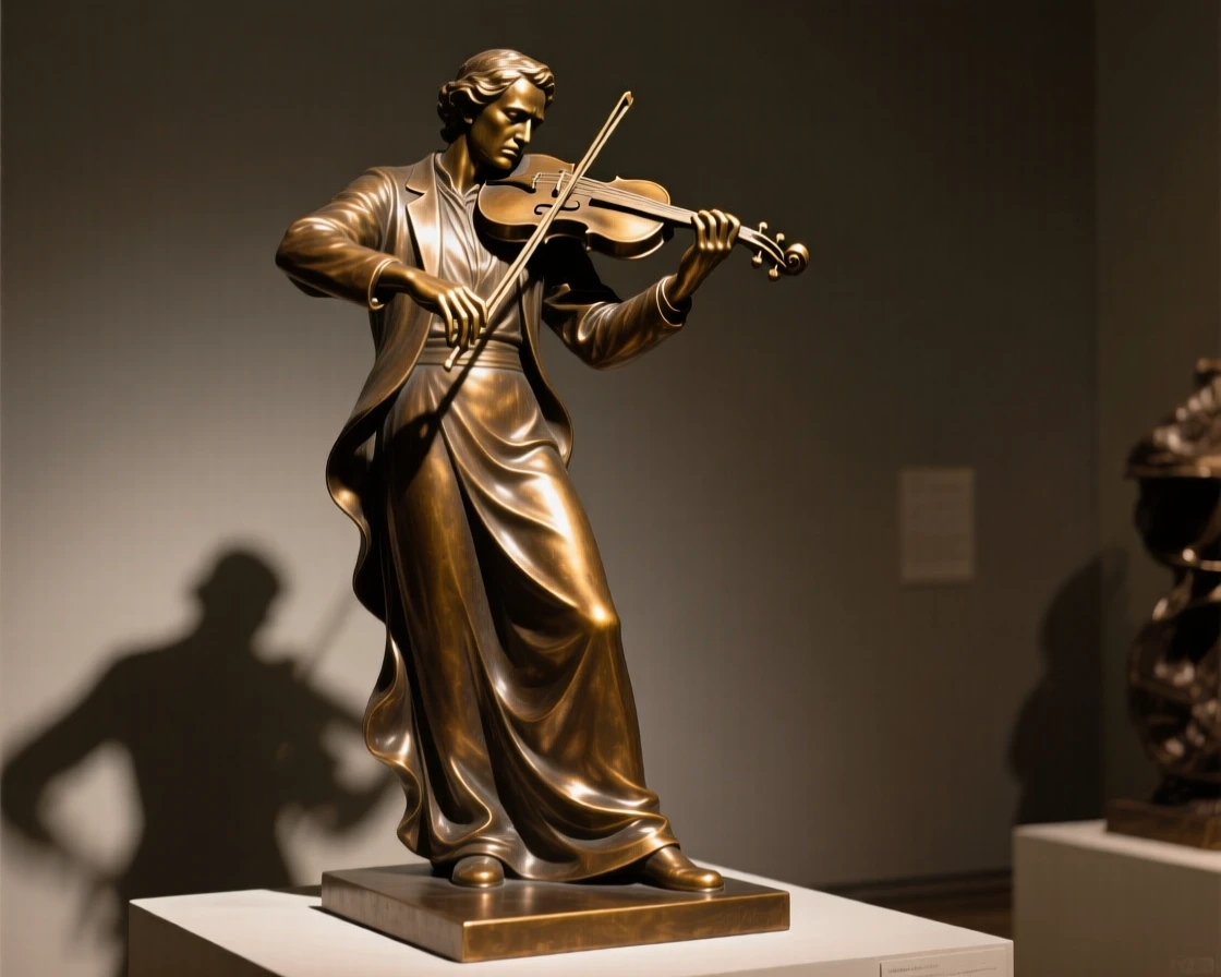 A solitary violinist, framed by soft, dramatic shadows, forming a strong central focal point