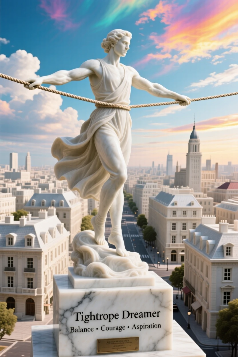 A vivid, emotionally rich scene of a tightrope walker balanced high above a city, under a brilliant, colorful sky, designed to captivate and inspire