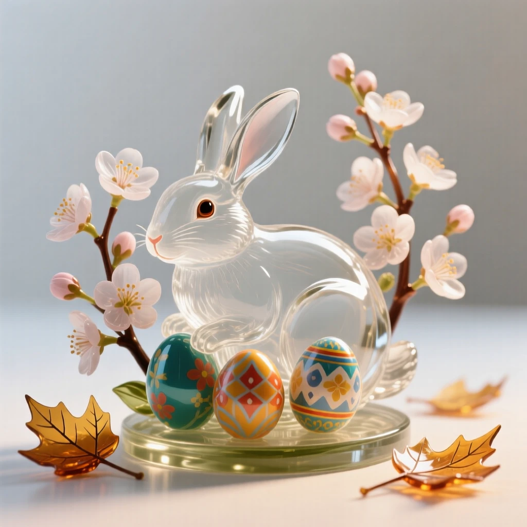 A rabbit hiding painted eggs among spring blossoms as autumn leaves drift slowly to the ground