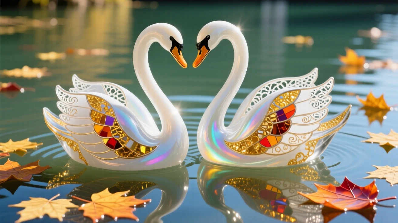 A pair of swans gliding together through golden autumn leaves floating on a lake, tender and seasonal.