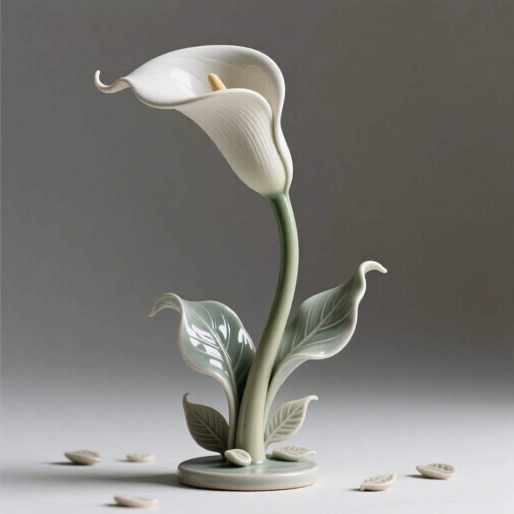 An elegant calla lily curved gracefully reaching upward in quiet aspiration, framed by a scattering of small leaves, conveying the quiet poetry of the natural world.