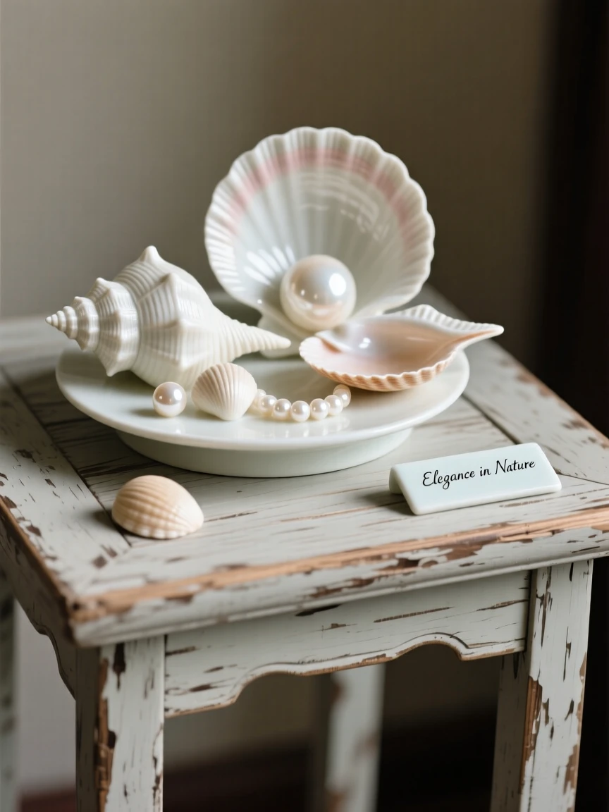 A refined still-life arrangement of seashells and pearls on a weathered wooden table, composed with classical balance and harmony.