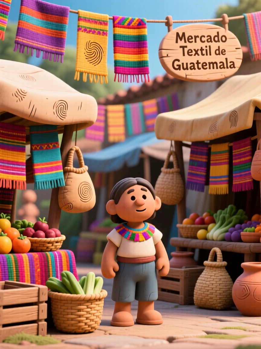 A colorful Guatemalan textile market draped with woven fabrics