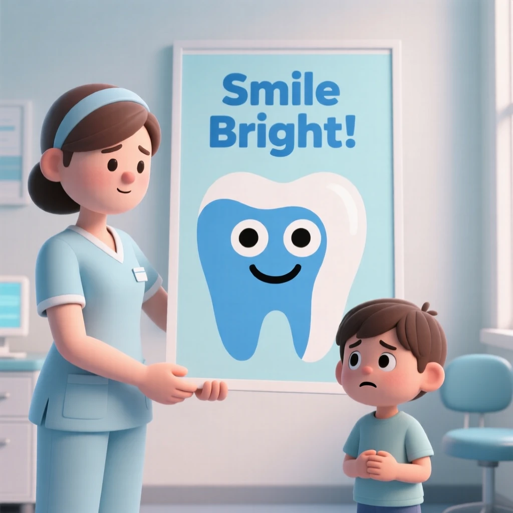 A gentle dental hygienist shows a nervous child a friendly cartoon poster of a smiling tooth.