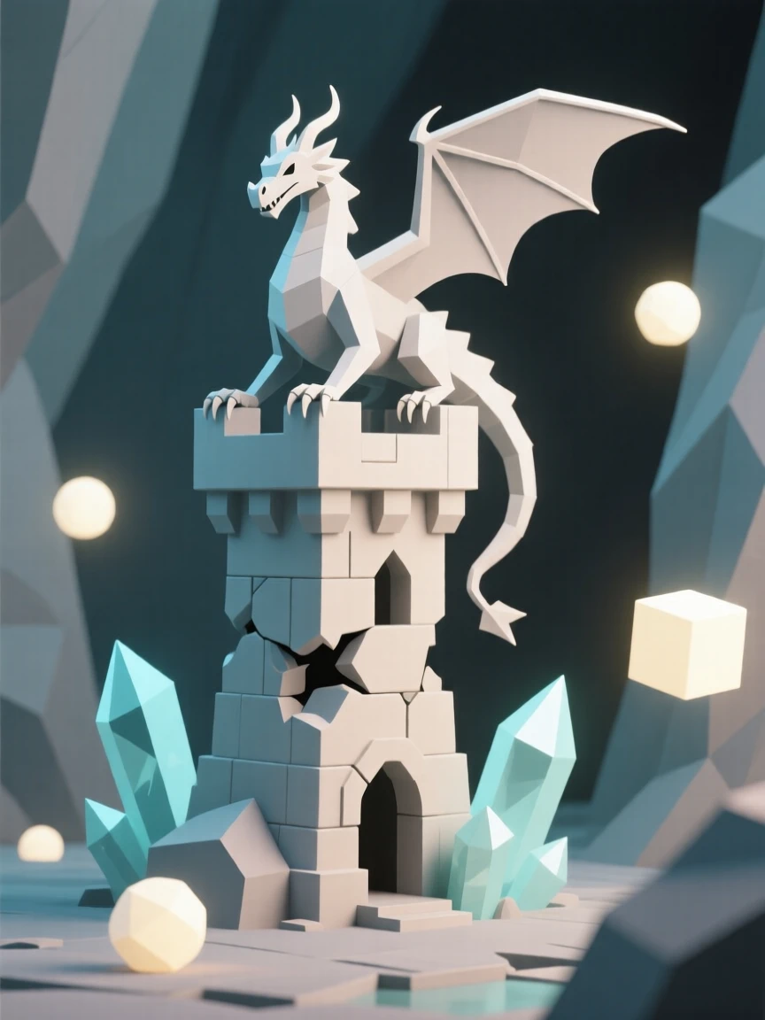 A majestic dragon perched atop a crumbling tower, inside a cavern glittering with crystal light. soft glowing light sources create dramatic highlights. The moment feels suspended between worlds.