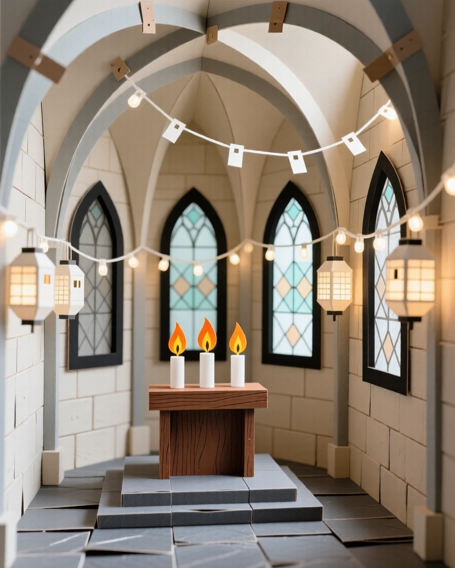 A soaring gothic cathedral interior illuminated by strings of warm lights, with tall arched windows framing the view, evoking quiet historic charm.