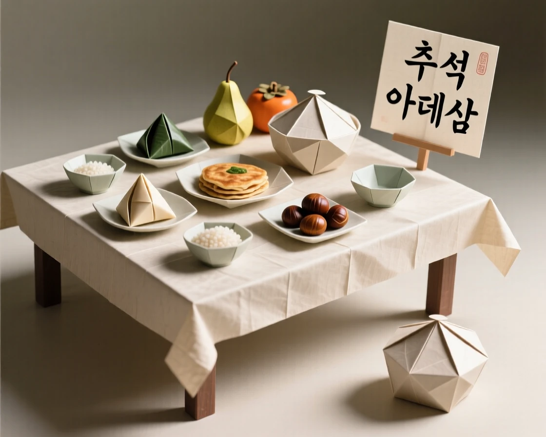A Korean Chuseok celebration with a table set for an ancestral memorial feast.