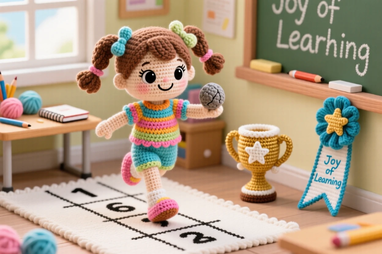 A cheerful scene of a little girl practicing hopscotch with a small stone in hand, hopping carefully through a chalk grid within a bright classroom corner set up for a project; a small trophy or ribbon nearby nearby, full of joyful discovery and playful learning.