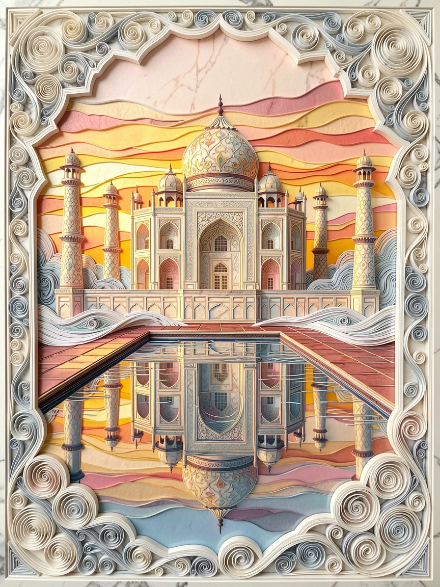 A breathtaking view of the Taj Mahal reflected perfectly in its still pool wrapped in gentle morning mist, in warm golden and rose-colored sunset tones, composed with the landmark as a striking central focal point.