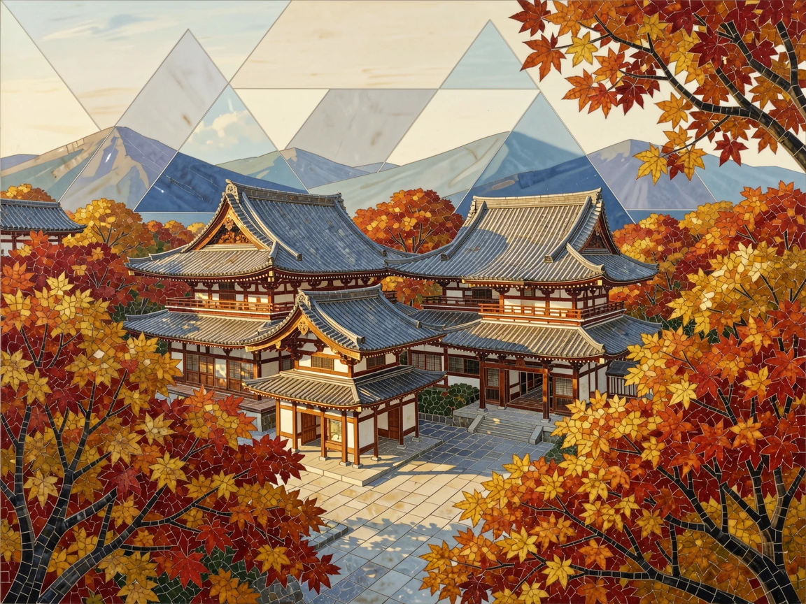 The ancient temples of kyoto surrounded by autumn maple trees, viewed from a dramatic elevated vantage point.