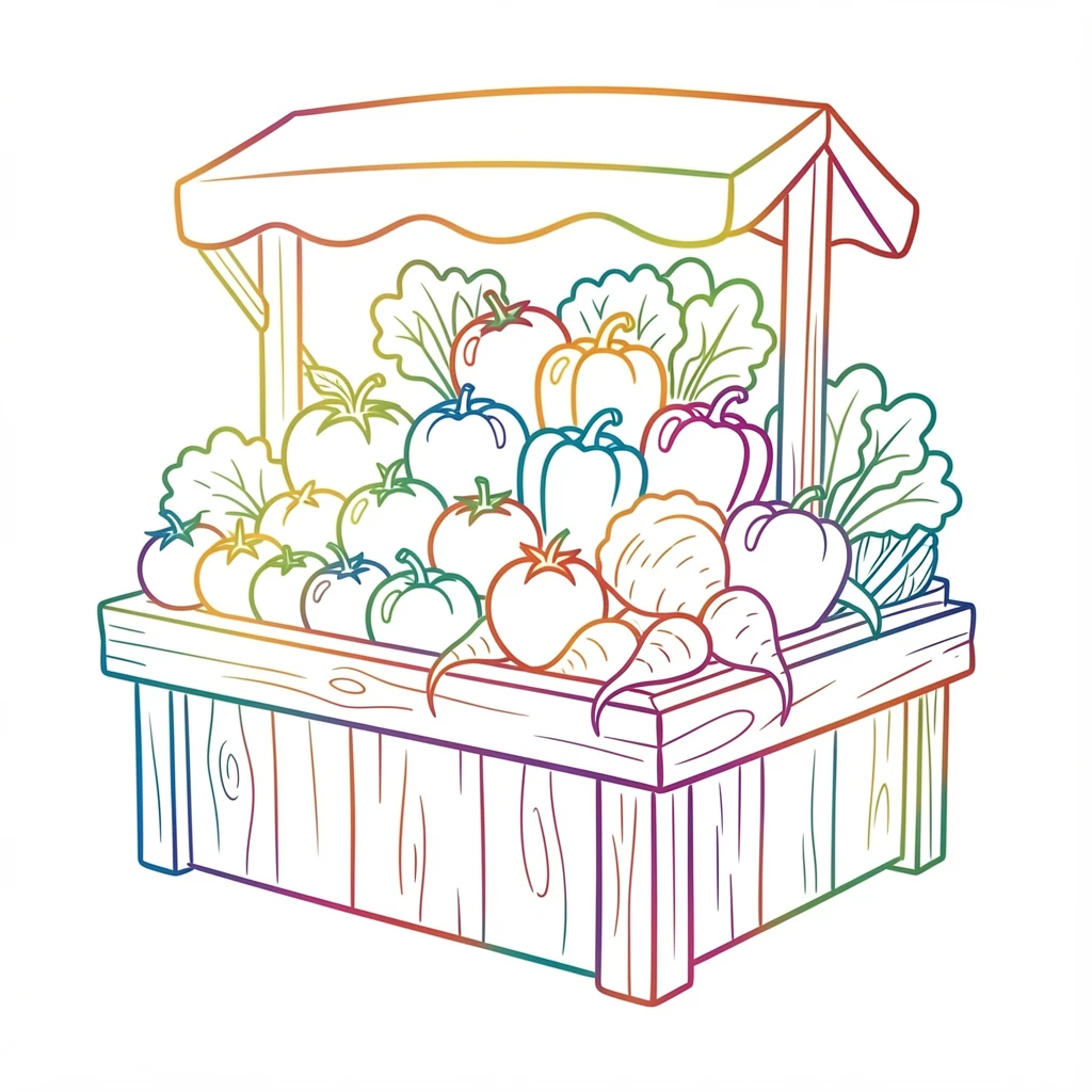 A farmers market stall piled high with colorful fresh vegetables.