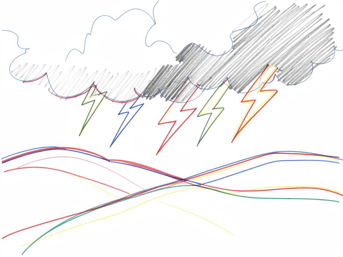 A summer thunderstorm rolling across distant hills, lightning flashing