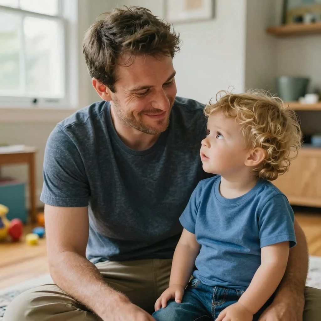 A father tries and fails to keep a straight face during a serious conversation with his toddler.