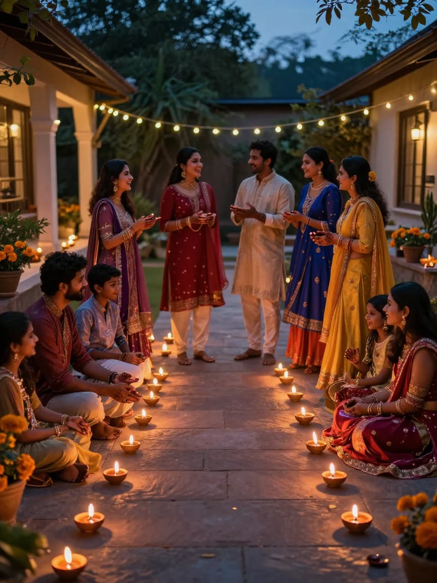 A Diwali celebration with rows of oil lamps lighting up a family's courtyard