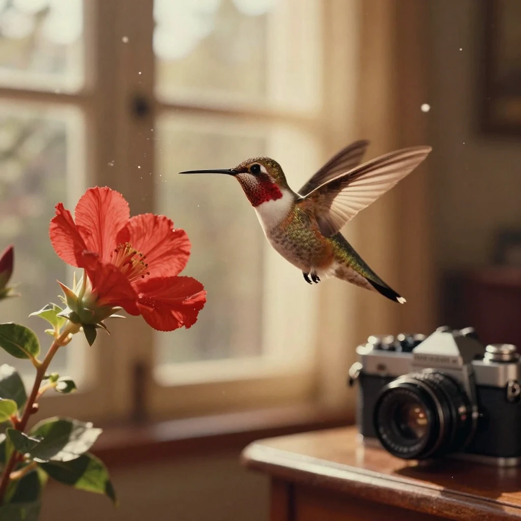 A hummingbird hovering beside a bright red flower, under soft golden-hour light, amid gently falling snow, during the long days of summer, dominated by warm amber and rust tones, viewed from across the room.
