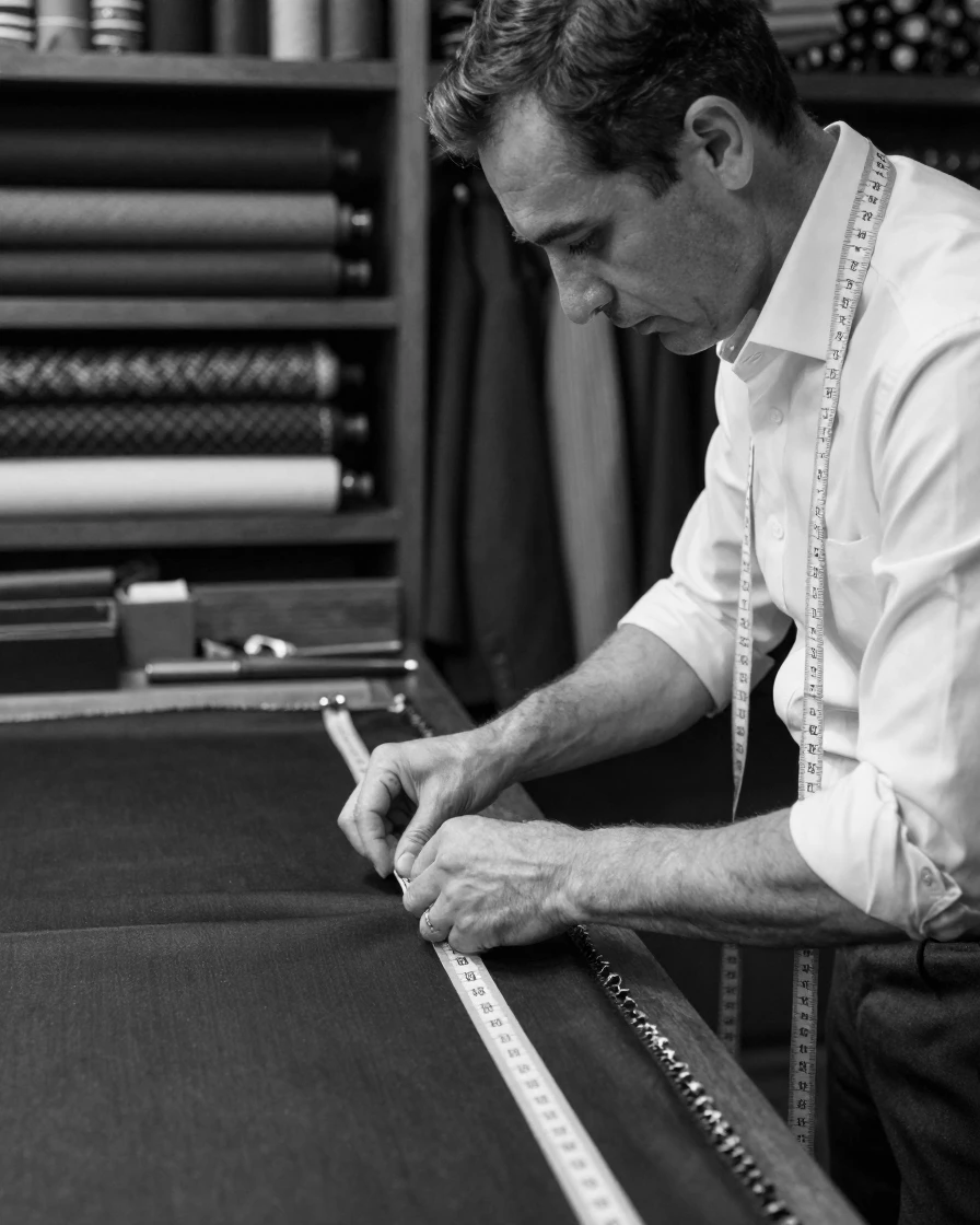 A tailor measures fabric for a custom suit surrounded by bolts of fine cloth.