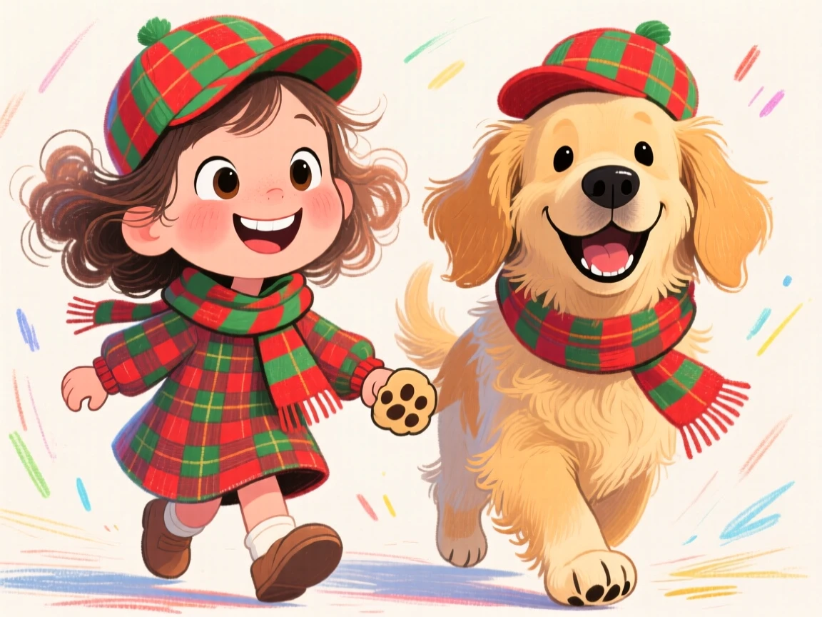 A little girl walking hand-in-paw with a dog dressed in a matching outfit.