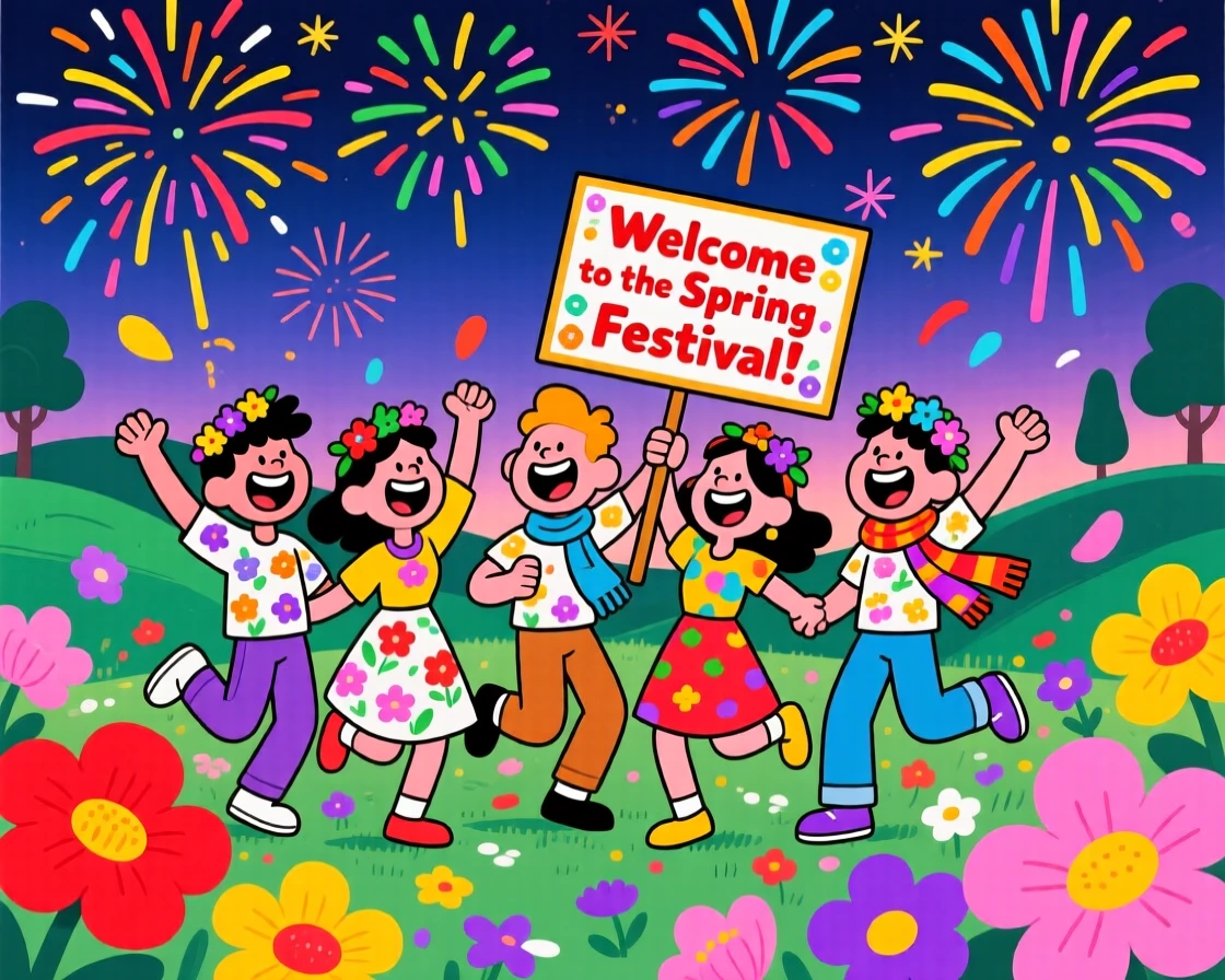 A festive celebration scene of a group of friends celebrating a colorful spring festival with flowers everywhere, under a sky full of fireworks.