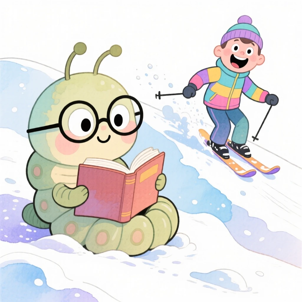 A bookworm curled up reading carving fresh powder down a snowy slope