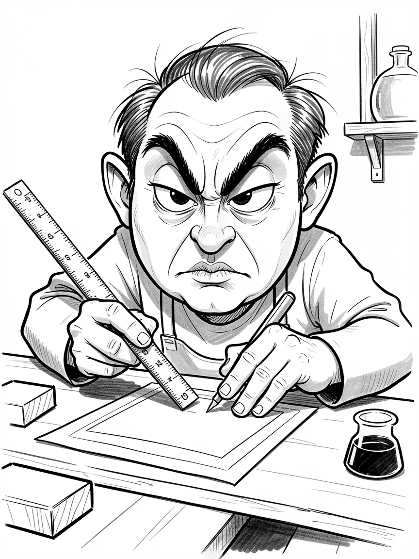 [Occupations & Hobbies] Detailed scene of a passionate printmaker carefully measuring twice before cutting, showcasing skill and dedication