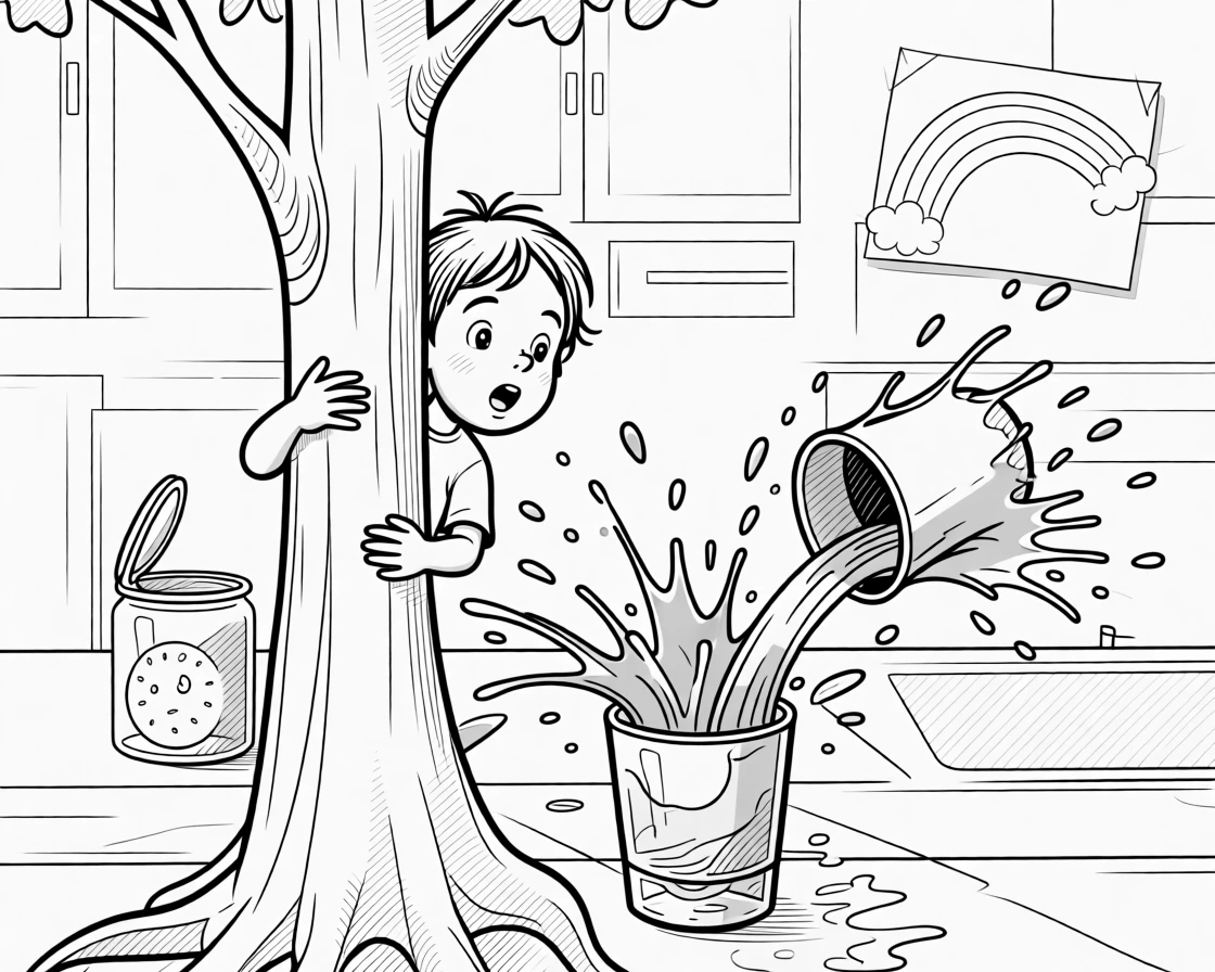 A child hiding poorly behind a too-small tree, sending water splashing dramatically in every direction, set in a kitchen with the cookie jar suspiciously open. A crayon rainbow is taped crookedly to the wall. It feels like a cherished memory frozen in time.