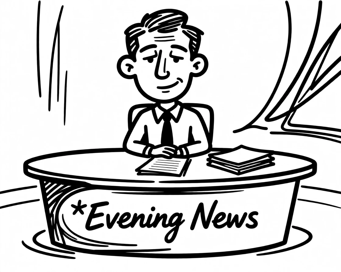 A news anchor calmly presenting behind a sleek studio desk, papers neatly stacked.