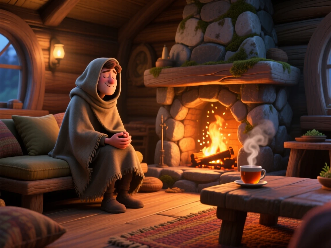 A traveler warming their hands by a fire sits beside a crackling stone fireplace, listening to the crackle of the fire. A deep sense of comfort and quiet contentment fills the room, with soft golden light spilling across the floor.