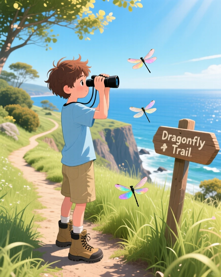 A boy with binoculars pauses while wading through tall grass chasing dragonflies in a coastal cliffside trail, as sunlight filters through the leaves.