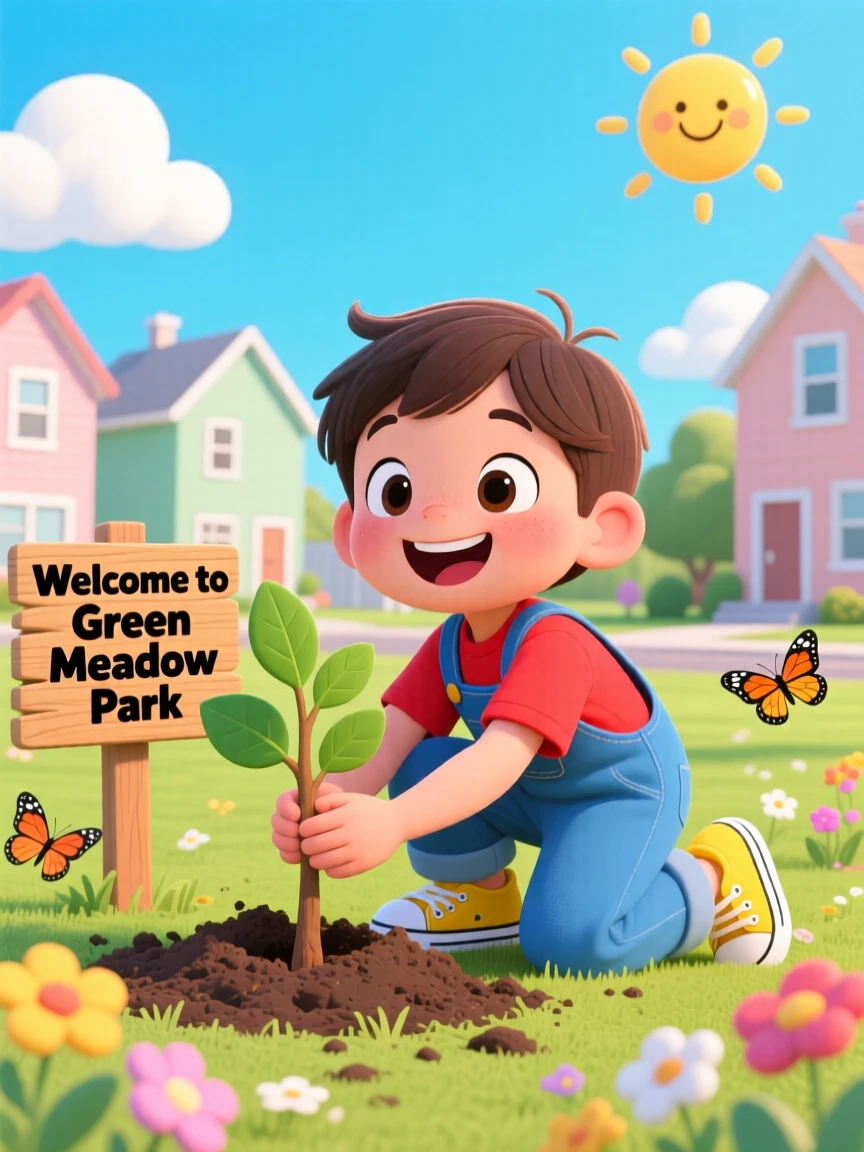 A child planting the first tree in a newly created neighborhood park.