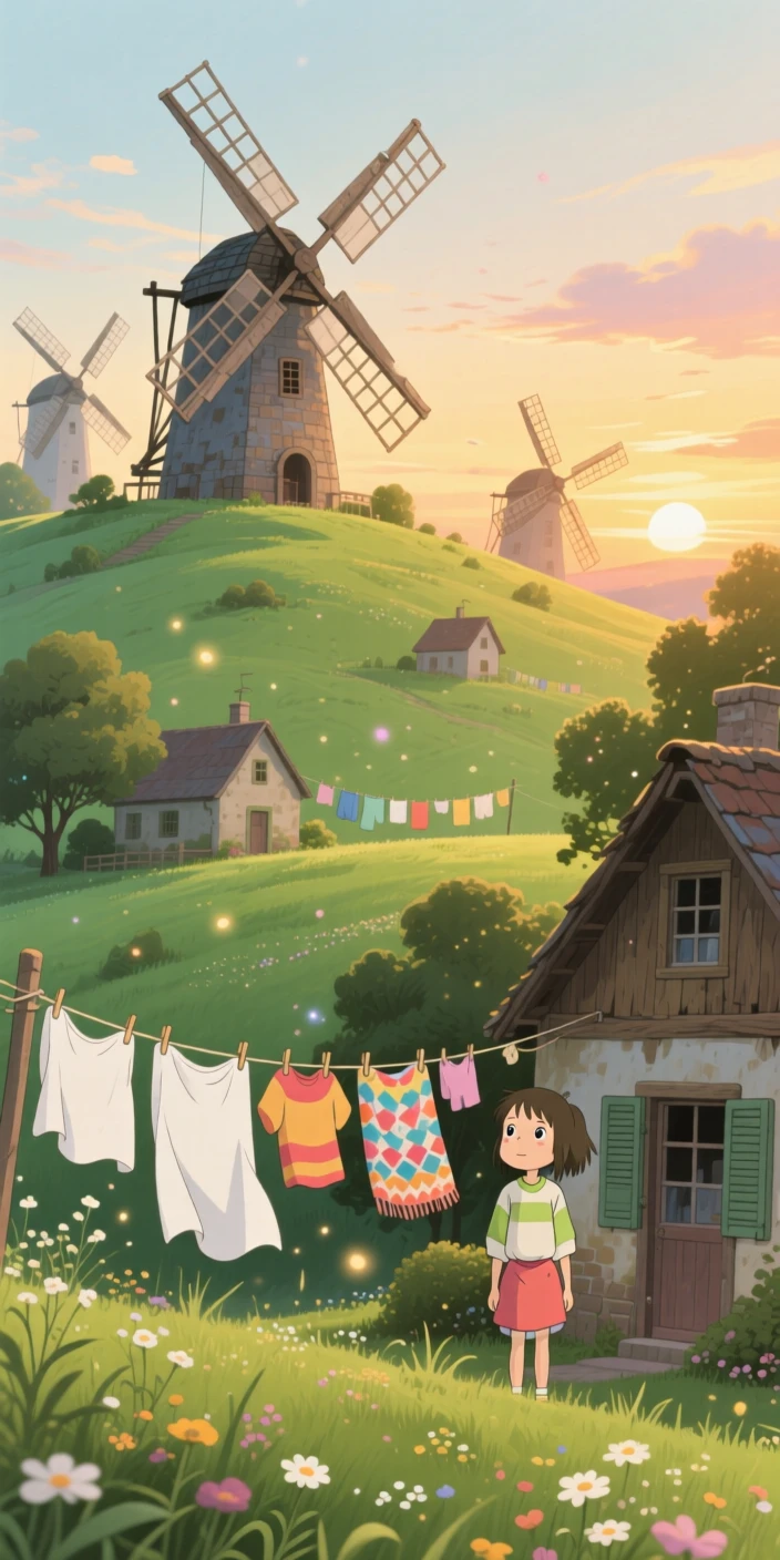 A cluster of windmills turning slowly on a green hill, with laundry lines strung between houses, fluttering in the breeze, as evening settles in.