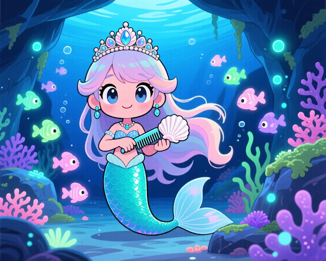 A mermaid princess combing a school of glowing fish like pets, framed as a symmetrical front-on view within a bioluminescent underwater cave, during a light summer breeze, glowing under cool blue twilight glow, evoking wide-eyed wonder.