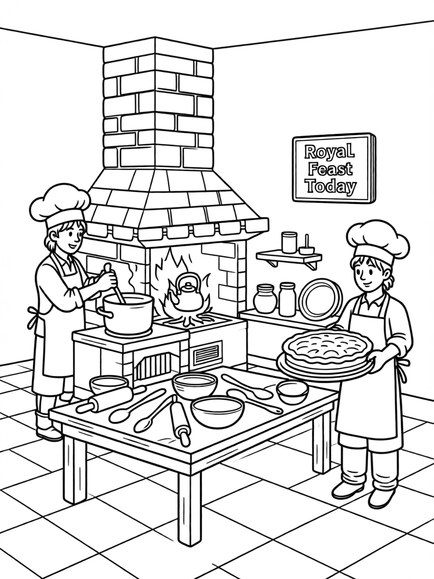A castle kitchen with cooks preparing a royal feast