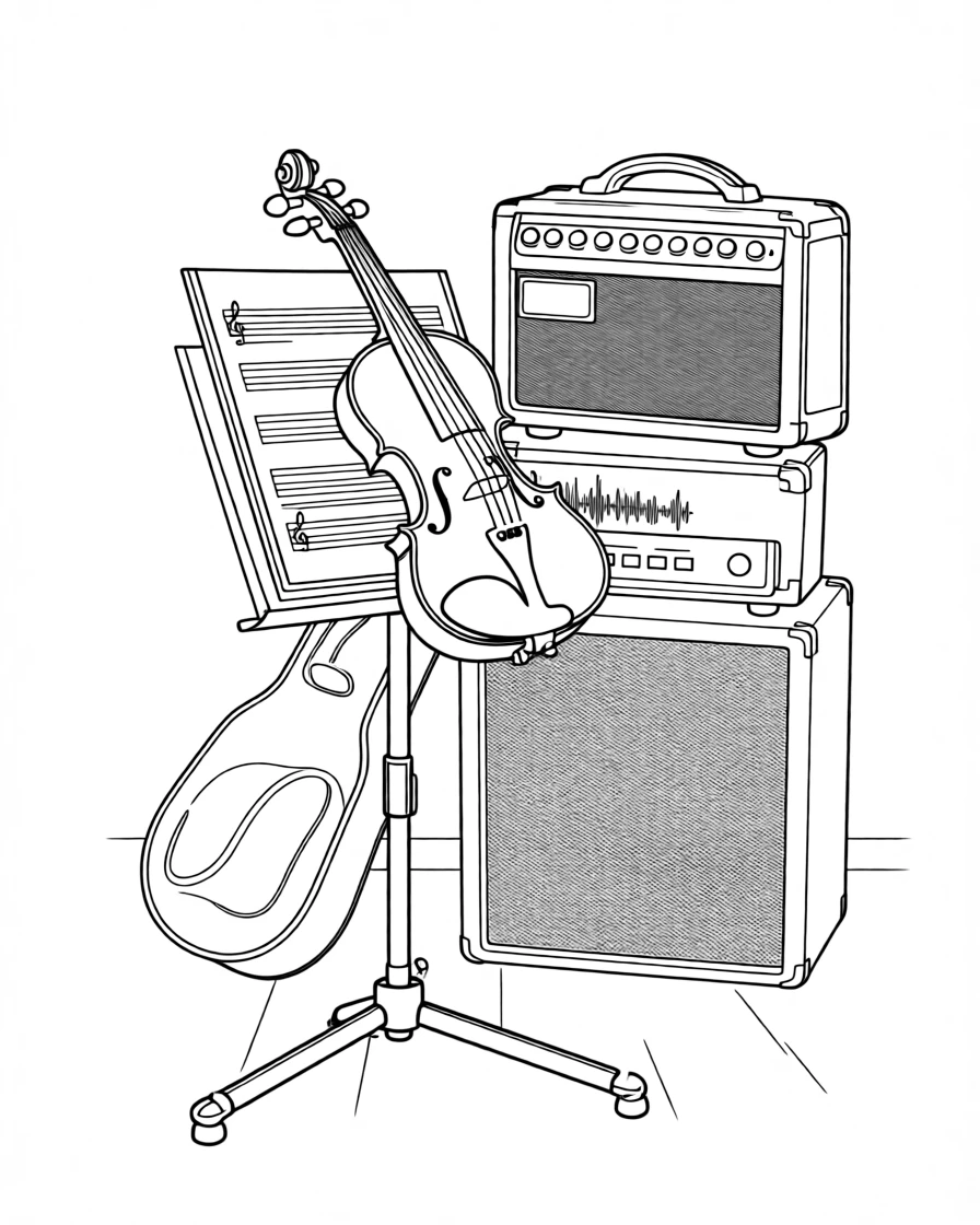 A violin resting on an open sheet music stand, with amplifiers stacked in the background.