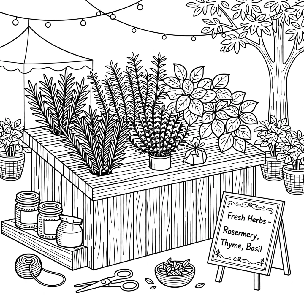 A farmers market herb stall with bundled rosemary, thyme, and basil.