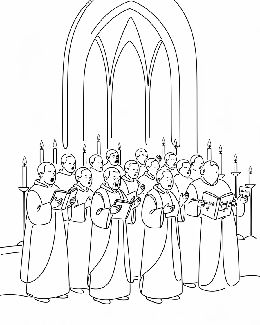 A choir of monks singing in the candlelit nave of an ancient abbey