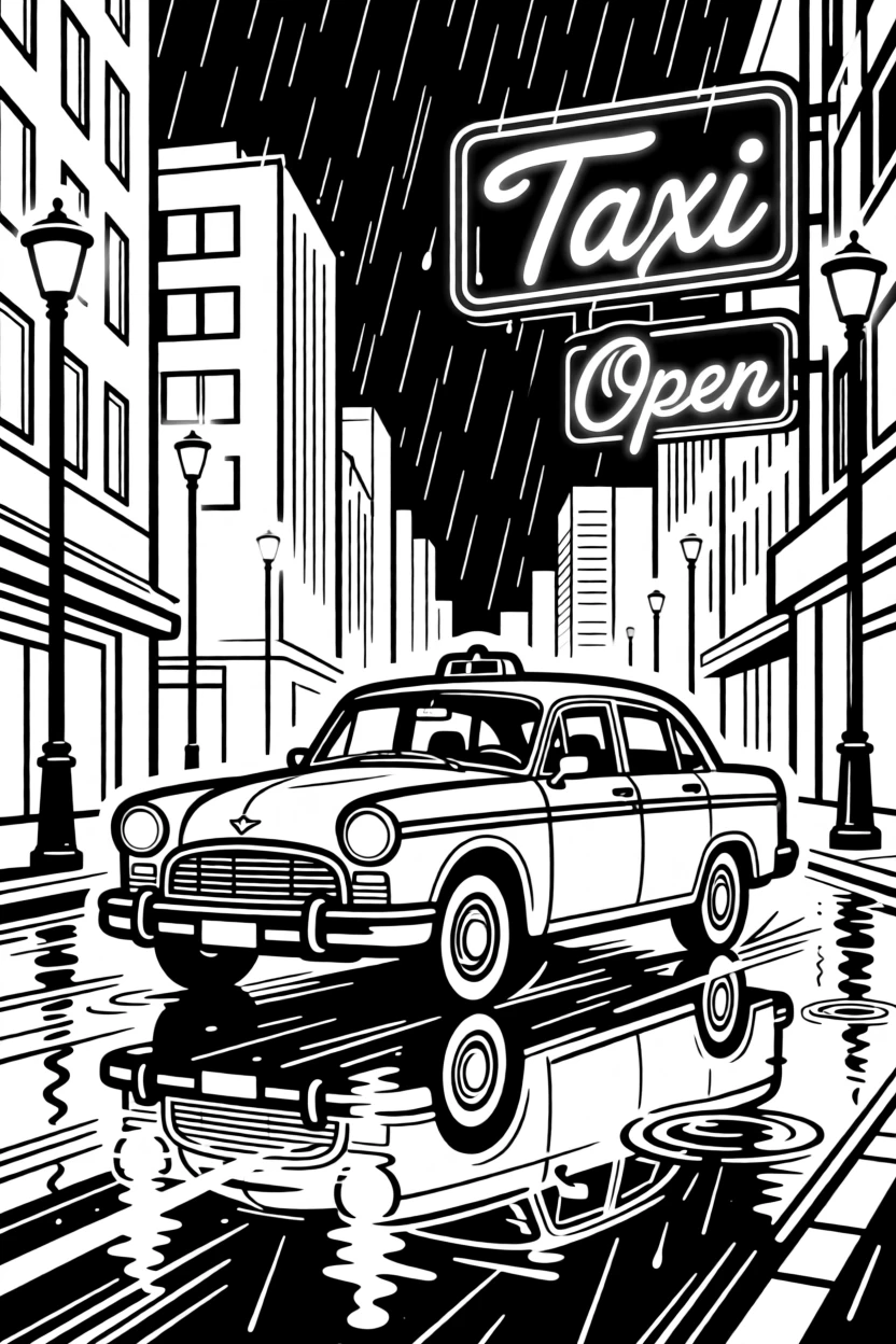 A classic taxi cab navigating a rainy, neon-lit city street at night.