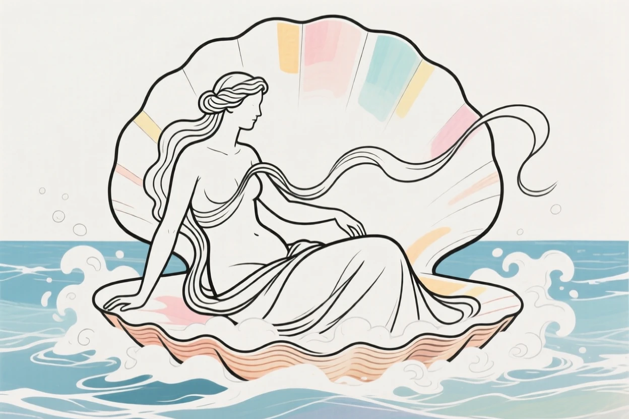 Aphrodite emerging gracefully from ocean foam on a seashell.