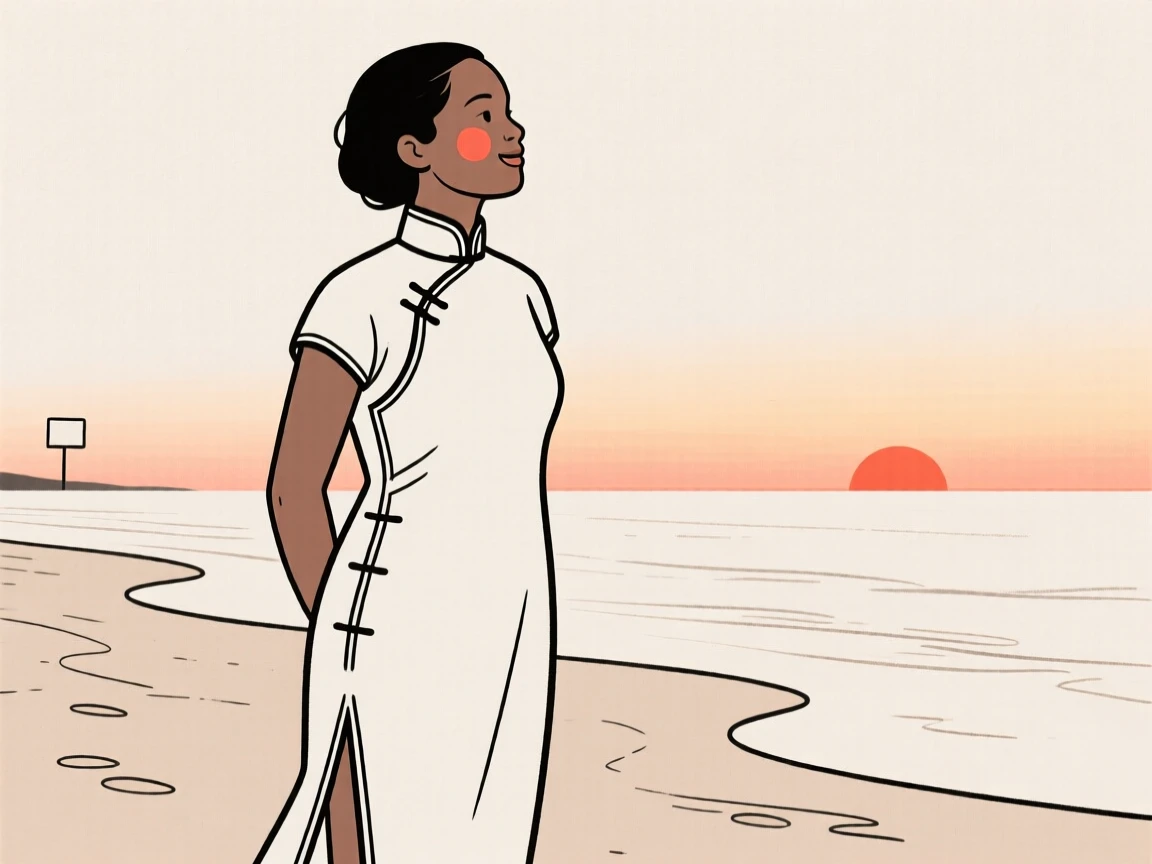 A mother of Ethiopian heritage wearing a Chinese qipao, looking hopeful toward the horizon, on a sandy beach at sunset.