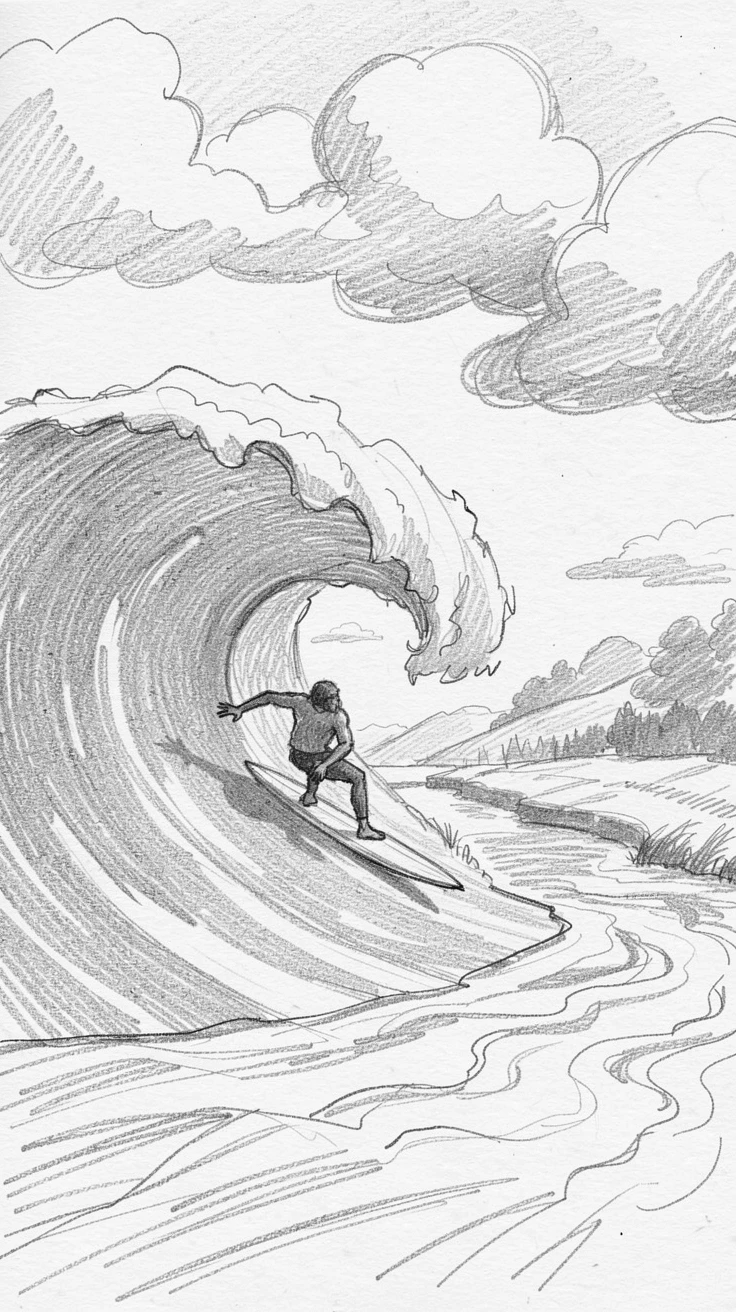 A dynamic action shot of a surfer riding the curl of a massive wave beside a rushing river, with dramatic clouds rolling in overhead.