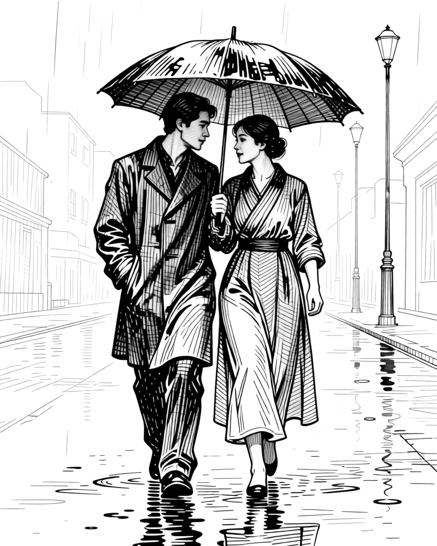 A couple sharing an umbrella while walking through a quiet rainy street.