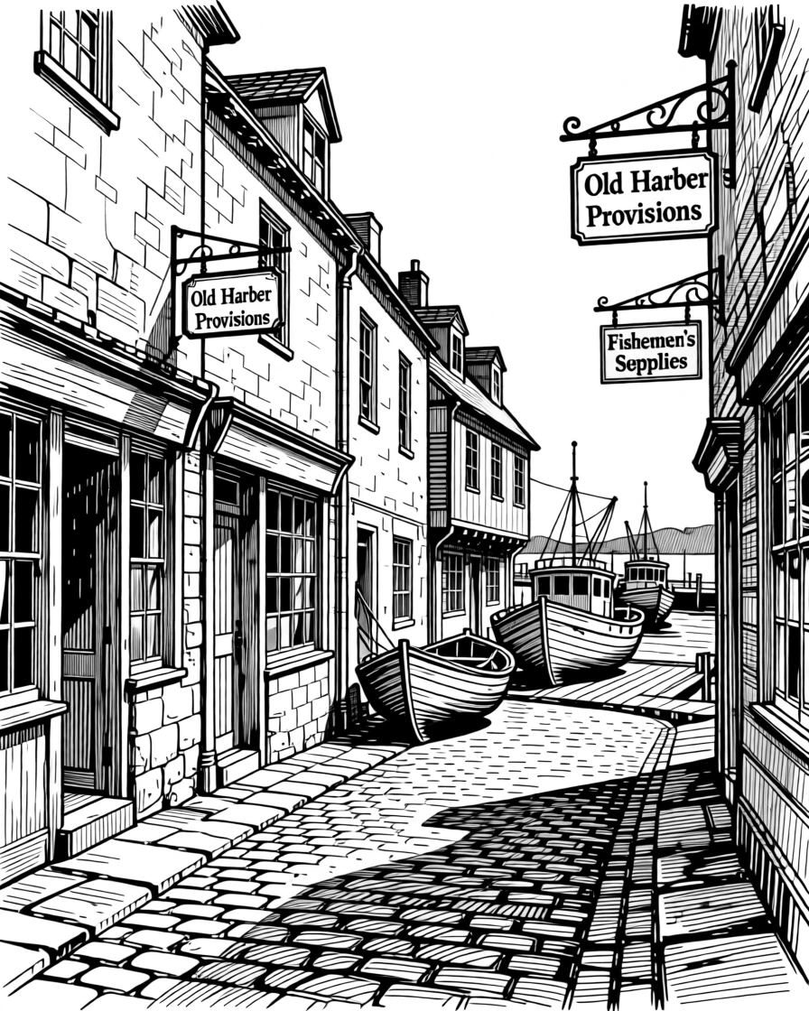 A fisherman's village with traditional wooden boats on a cobbled street lined with old shopfronts, with the rich texture of aged stone and wood, portrayed in a proud and storied historical scene.