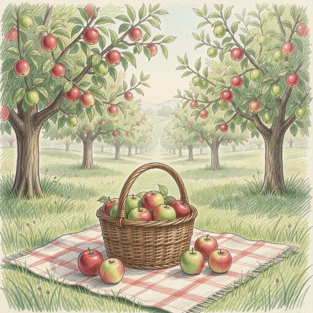 A countryside orchard picnic with a basket of fresh apples, with rich, inviting textures throughout the scene, evoking nostalgia and a deep sense of contentment.