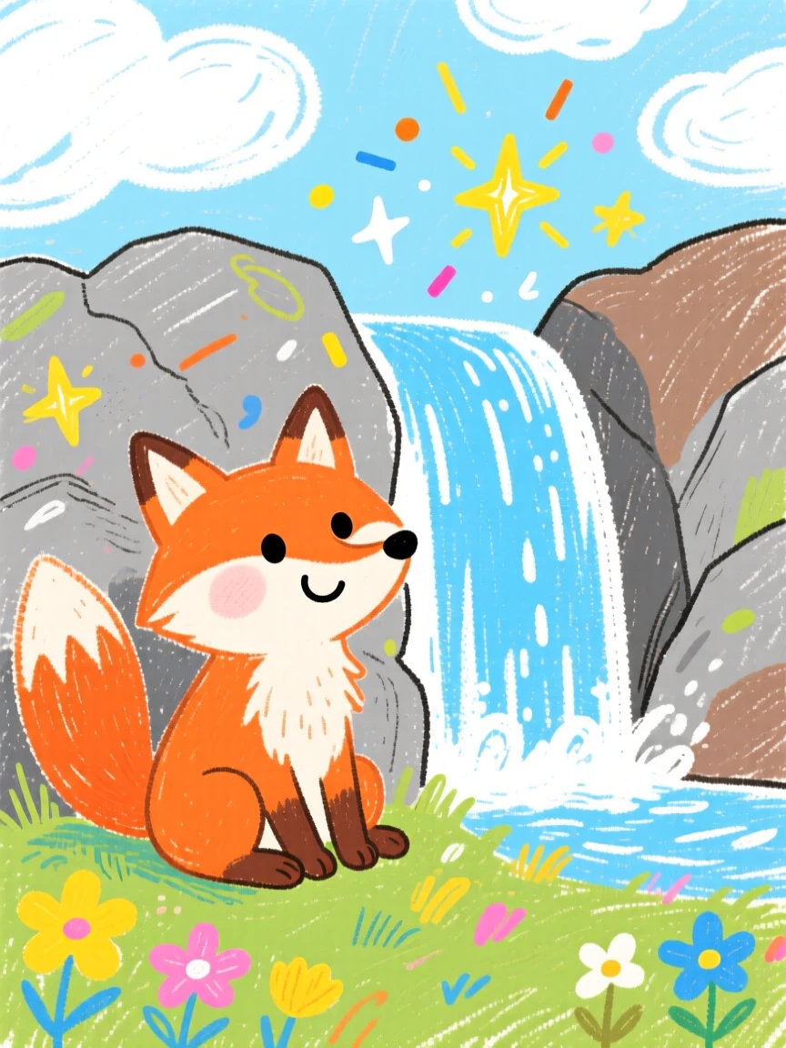 A talking fox resting beside a sparkling magical waterfall.