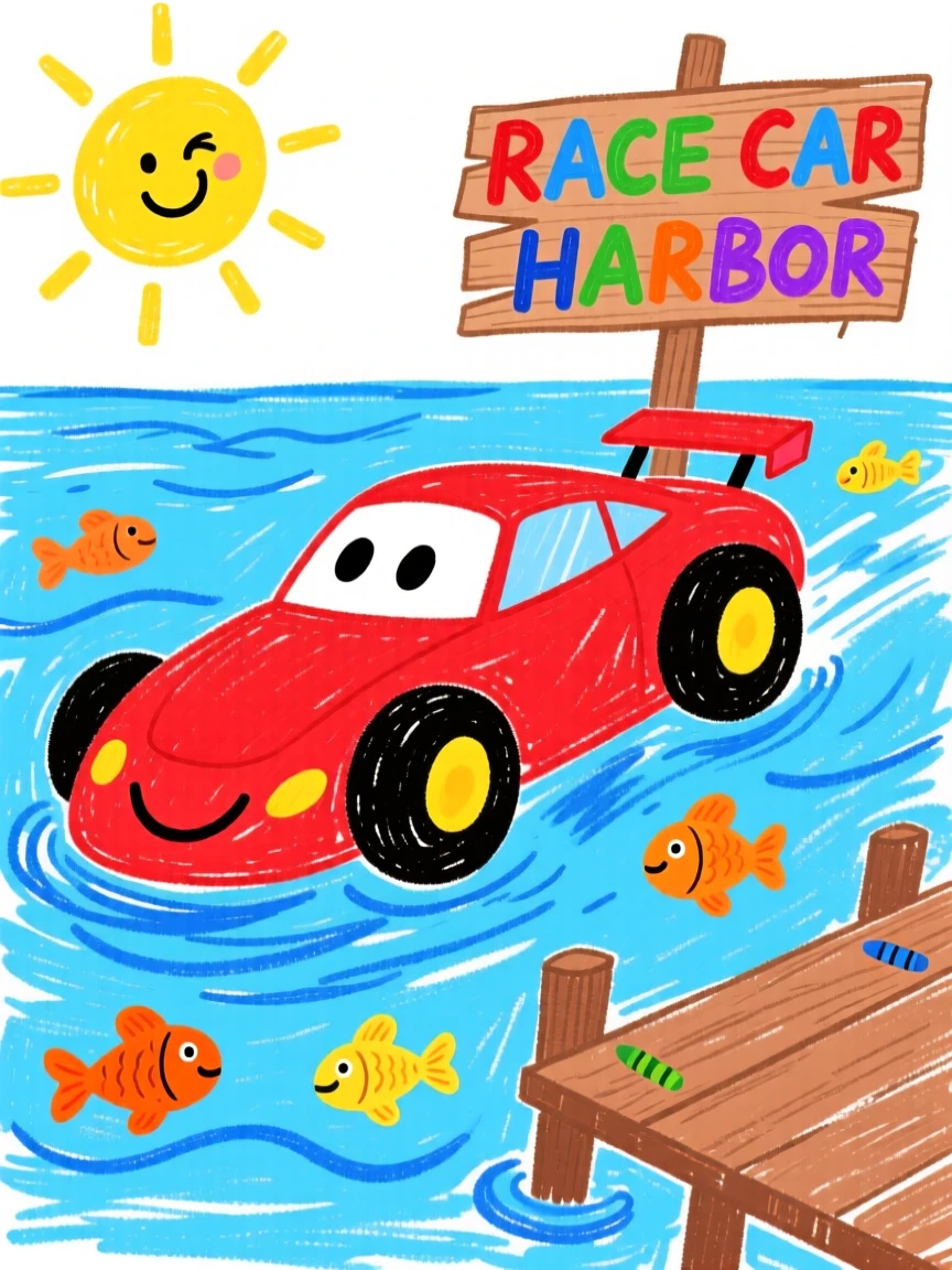 A sleek race car sailing across a calm blue harbor.