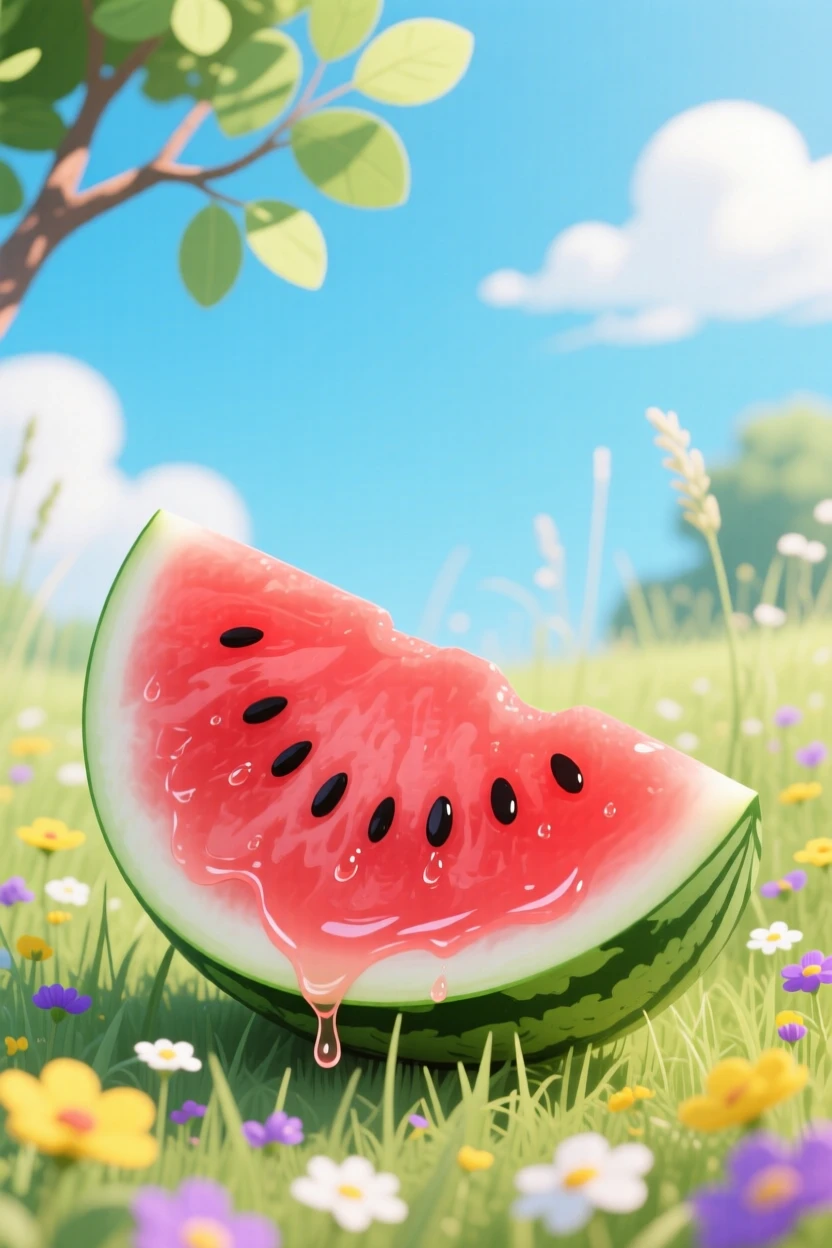 A refreshing summer watermelon slice dripping with juice, set within a peaceful outdoor seasonal scene, composed with balanced natural elements throughout, with a fresh, crisp atmosphere throughout.