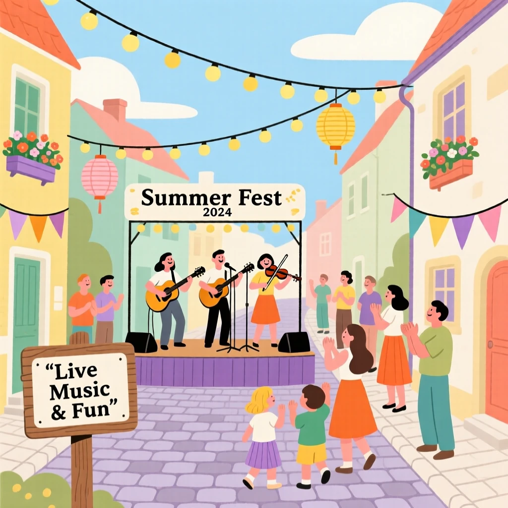 A summer celebration with festive music filling a village street.