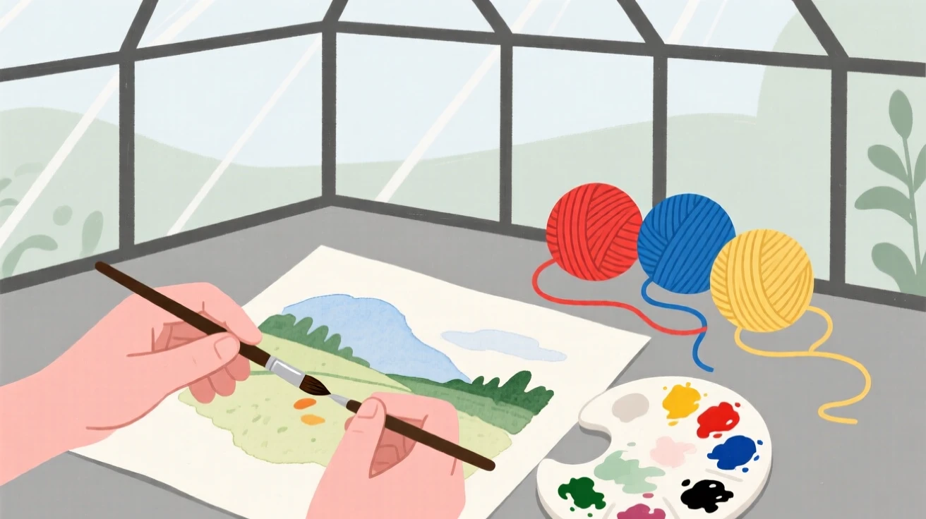 A close view of hands painting a watercolor landscape near balls of colorful yarn in a garden greenhouse, full of joyful discovery.